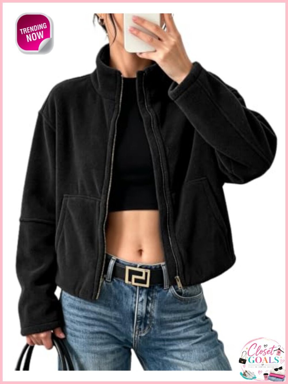 Women's Sherpa Fleece Jacket Full Zip Warm Crop Coat Loose Fit